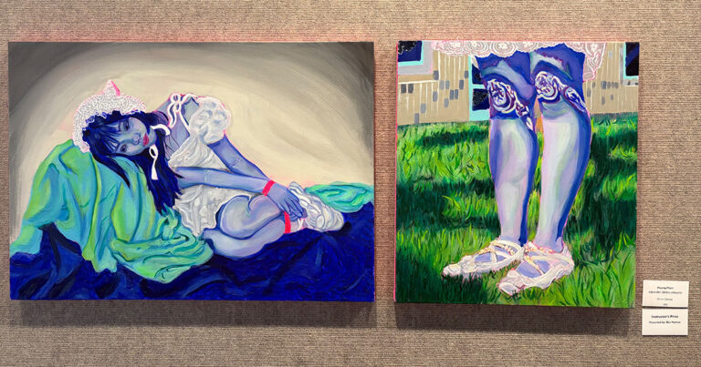  A museum exhibit featuring two paintings, one of which received the instructor award. Assistant Professor of Art Ben Nathan selected “Capra Dei: Oblitus” by Phyong Pham for his Instructor’s Prize.