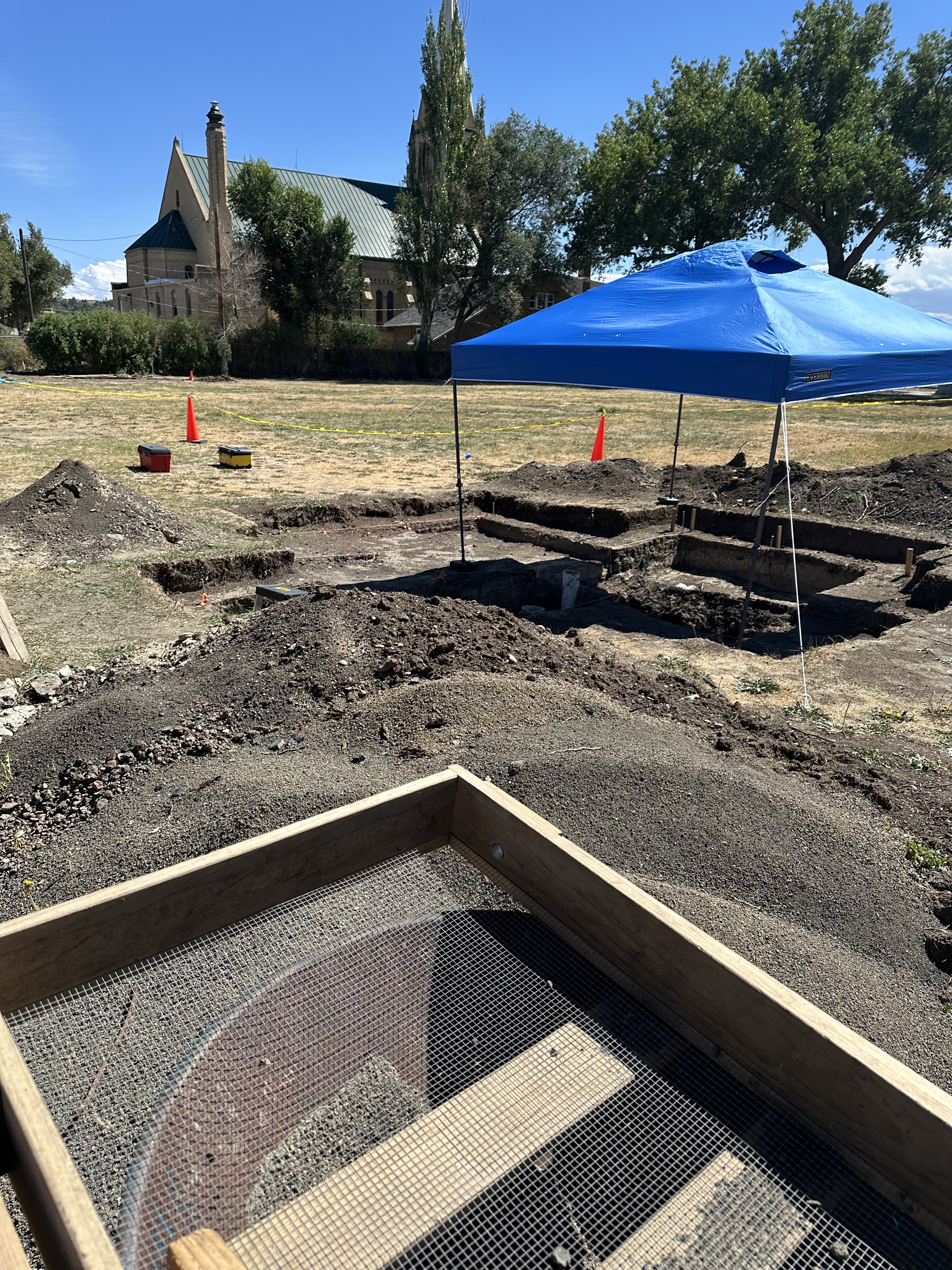 Overlooking the excavation site with catholic church in background. 