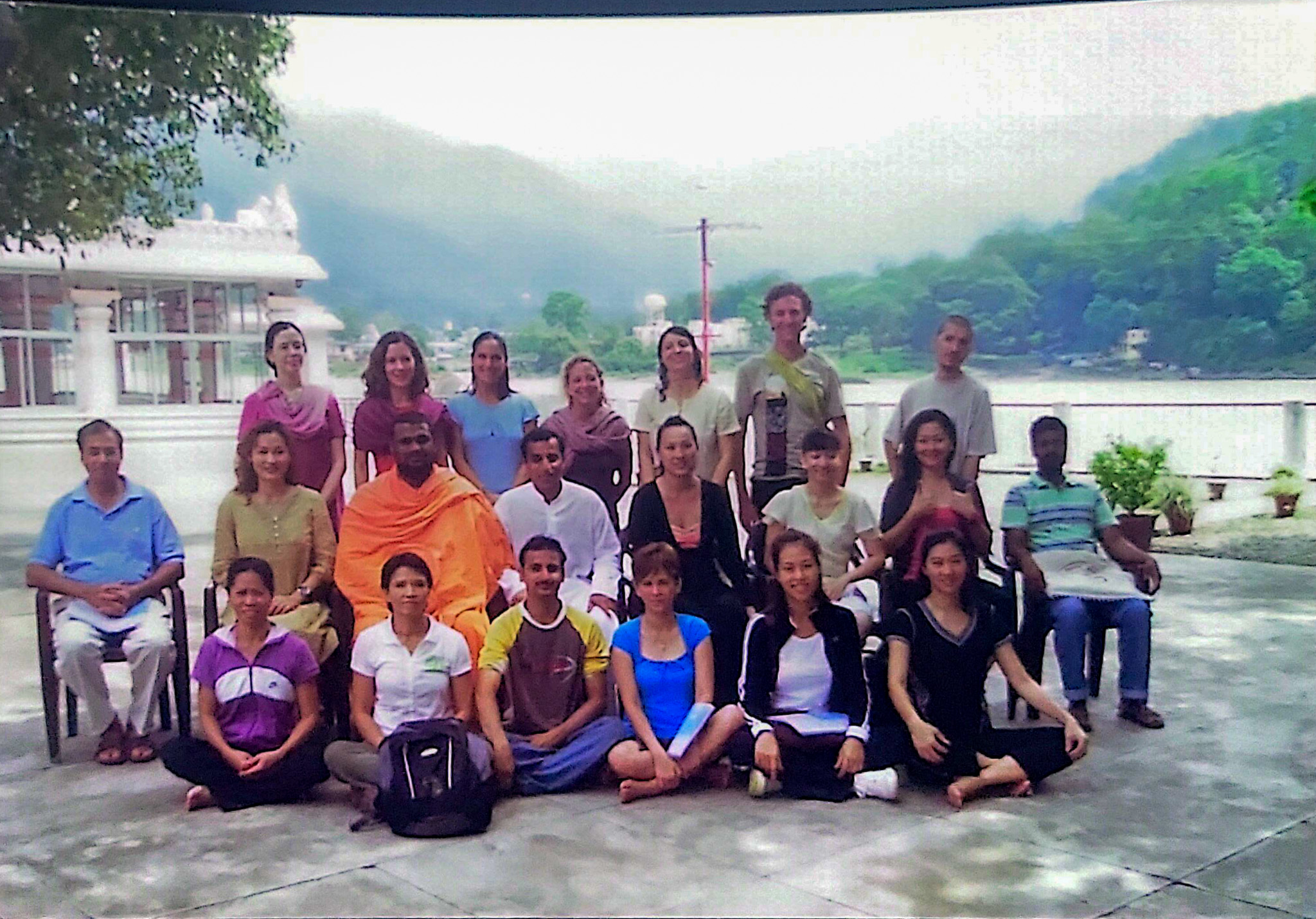 Yoga class group shot in India. 