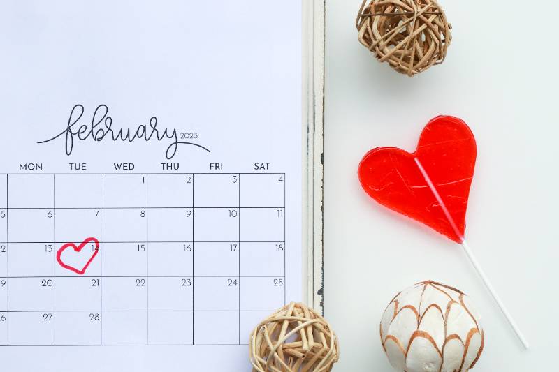 February 2023. Calendar flat lay. Valentines day concept.