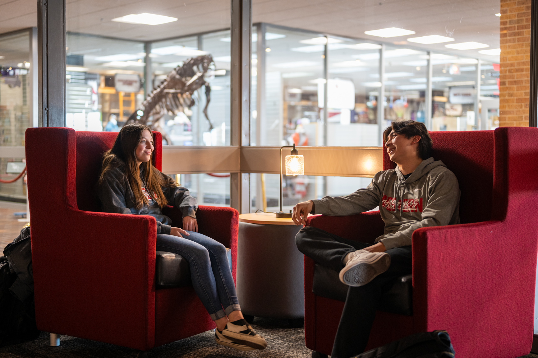 Two students seated in chairs, engaged in study, surrounded by windows in a relaxed, dim setting.