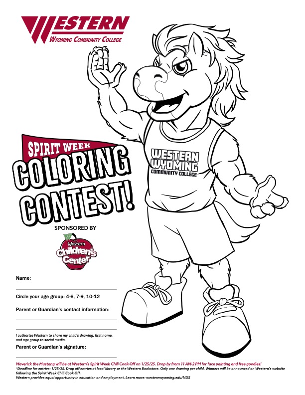 A snapshot of the coloring contest image. An outlined drawing of Maverick with entery explanation text to the left